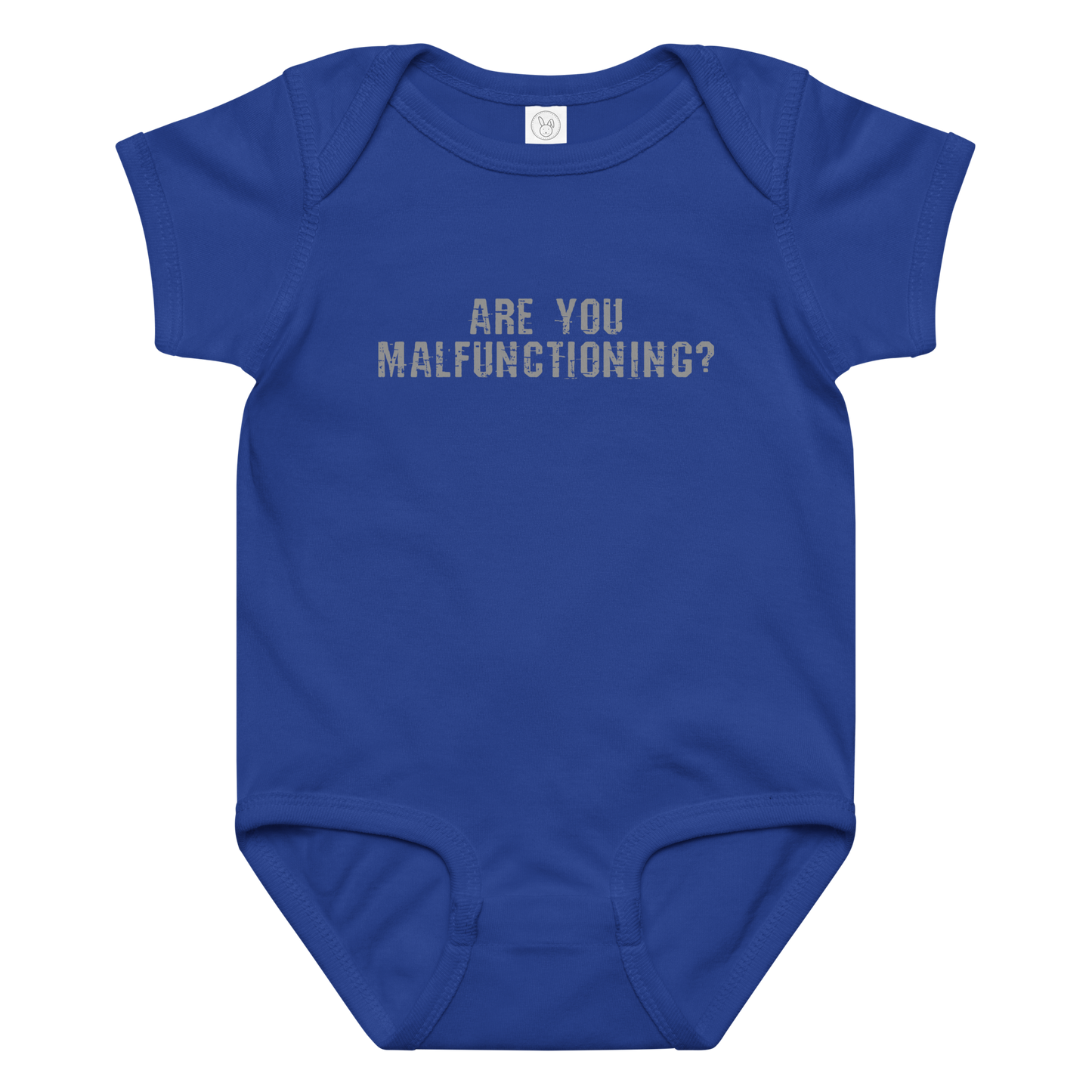 "Are you malfunctioning?" printed on a royal baby jersey bodysuit laying on a flat surface amongst other clothes