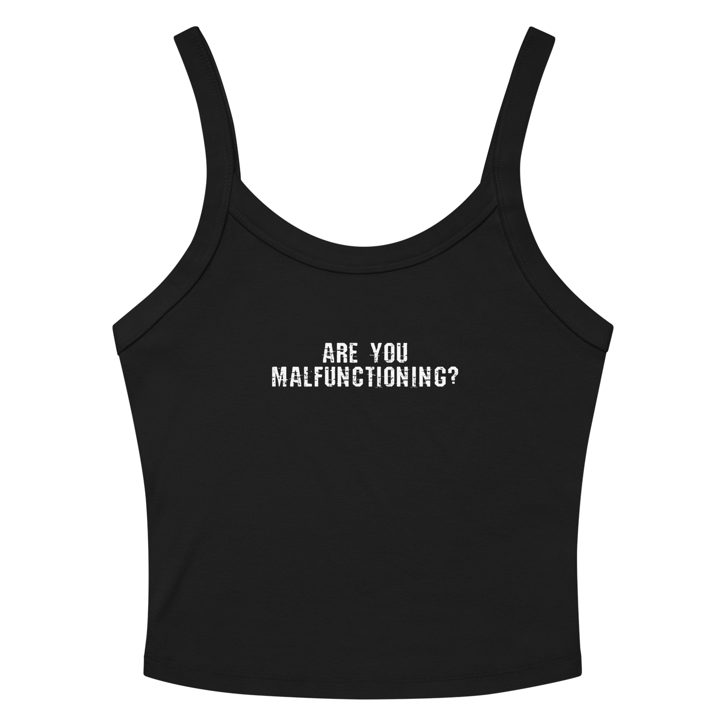 "Are you malfunctioning?" printed on a solid black blend women's micro-rib tanktop laying on a flat surface amongst sunglasses and shorts