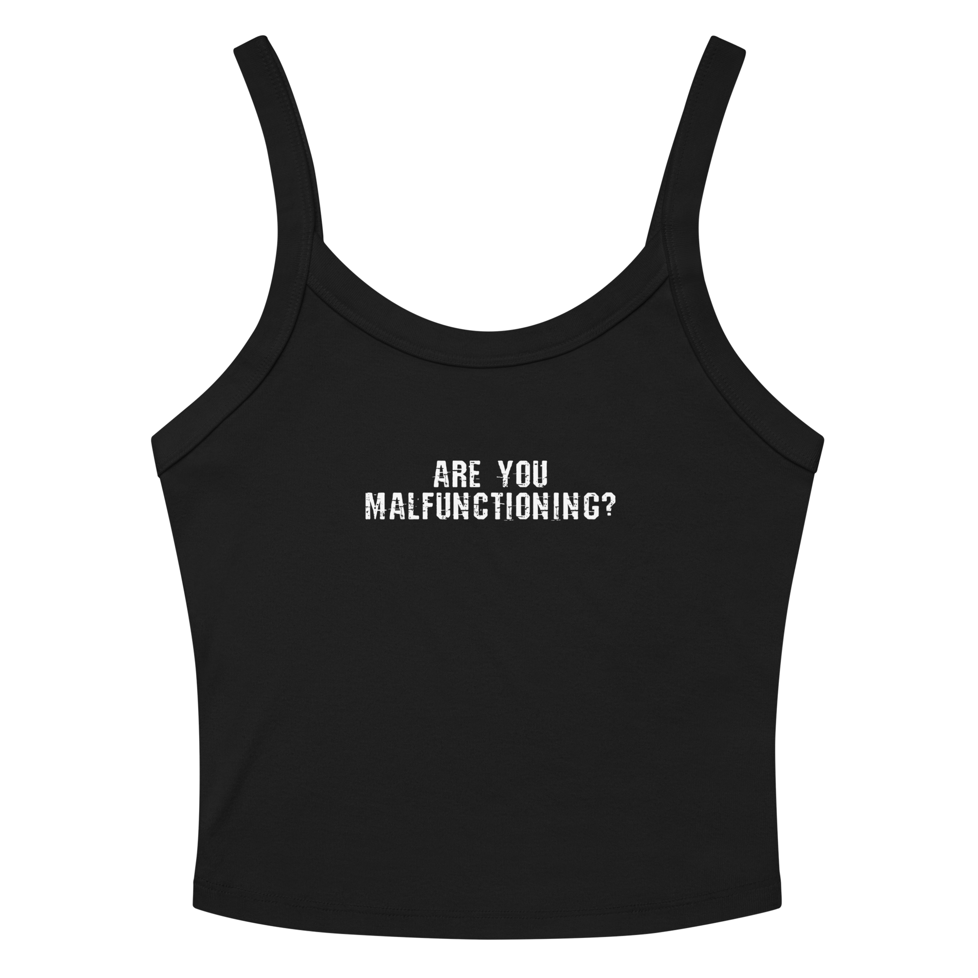 "Are you malfunctioning?" printed on a solid black blend women's micro-rib tanktop laying on a flat surface amongst sunglasses and shorts