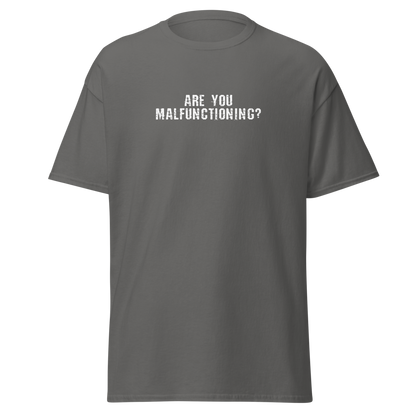 "Are you malfunctioning?" printed on a charcoal on an invisible body
