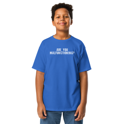 "Are you malfunctioning?" printed on a royal youth classic tee worn by a male