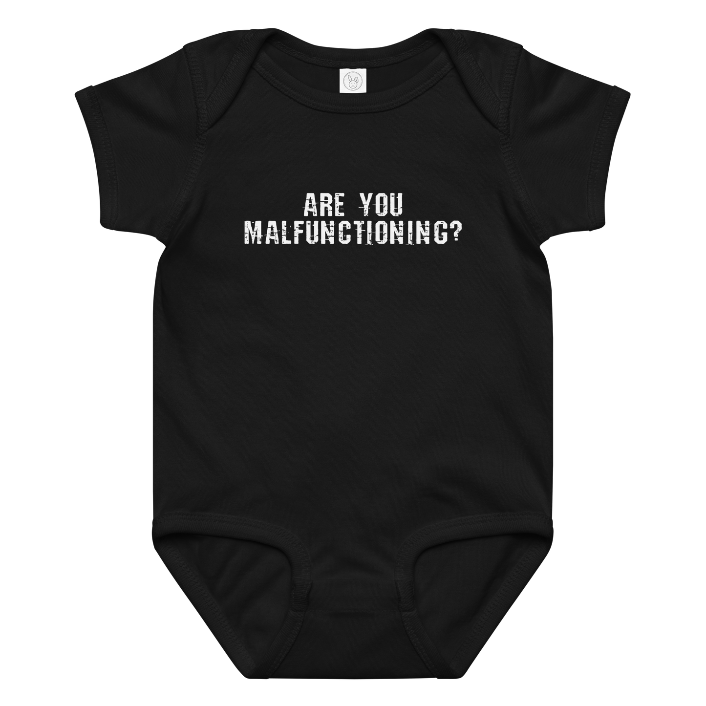 "Are you malfunctioning?" printed on a black baby jersey bodysuit laying on a flat surface amongst other clothes