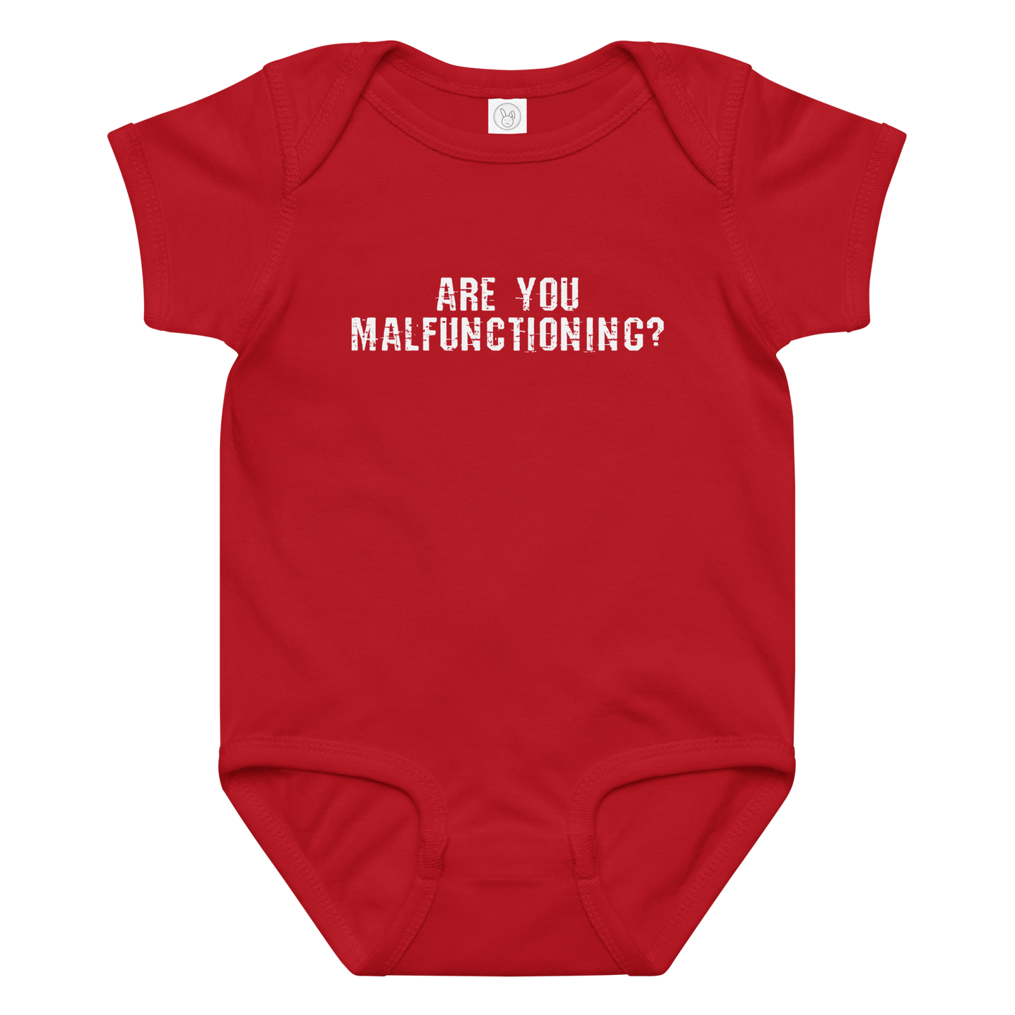 "Are you malfunctioning?" printed on a red baby jersey bodysuit laying on a flat surface amongst other clothes