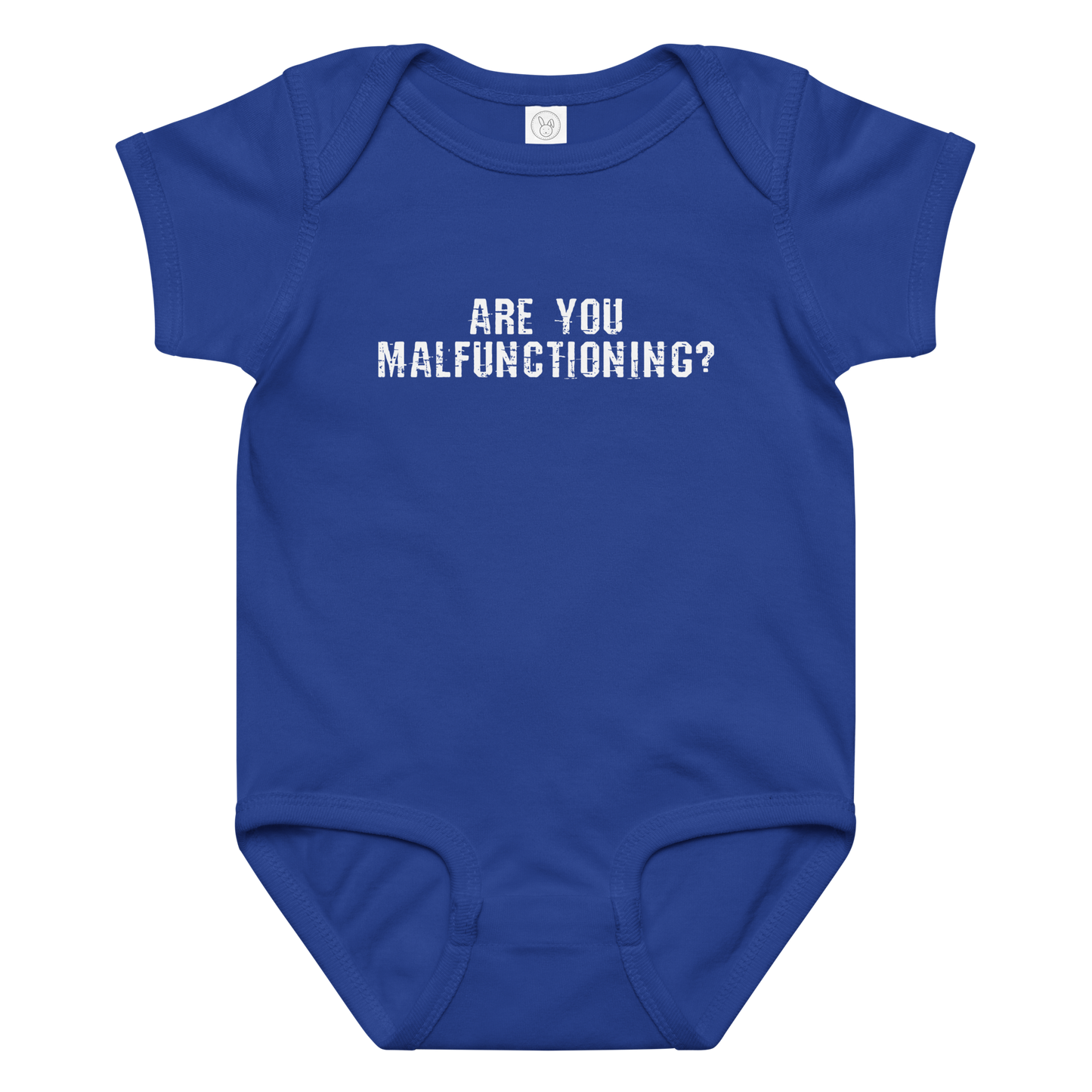"Are you malfunctioning?" printed on a royal baby jersey bodysuit laying on a flat surface amongst other clothes