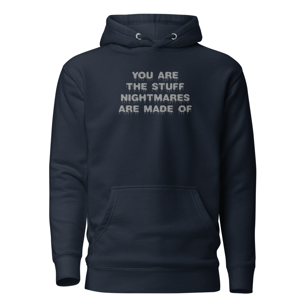 "You are the stuff nightmares are made of" printed on a navy blazer on an invisible / simulated body