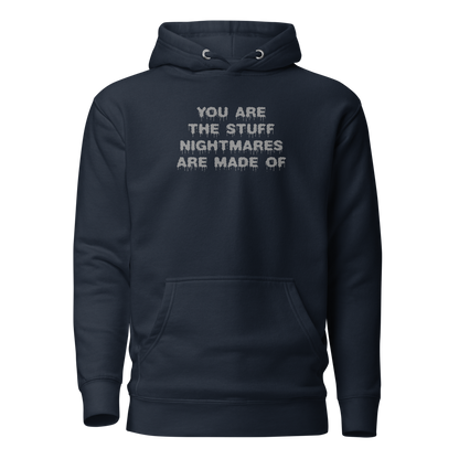 "You are the stuff nightmares are made of" printed on a navy blazer on an invisible / simulated body