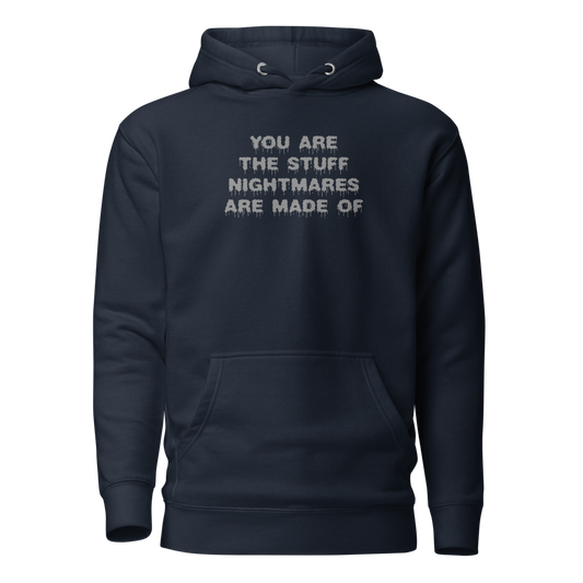 "You are the stuff nightmares are made of" printed on a navy blazer on an invisible / simulated body