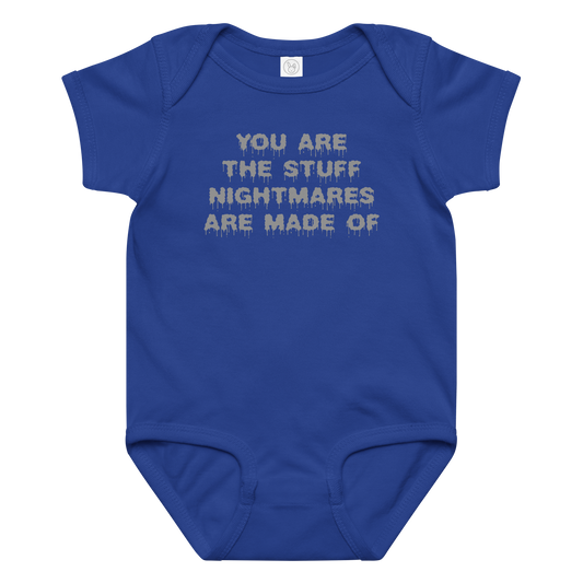 "You are the stuff nightmares are made of" printed on a royal baby jersey bodysuit laying on a flat surface amongst other clothes