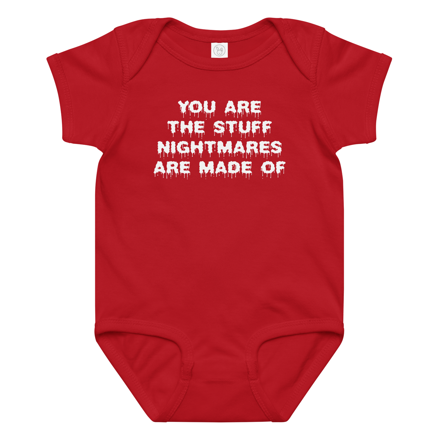 "You are the stuff nightmares are made of" printed on a red baby jersey bodysuit laying on a flat surface amongst other clothes