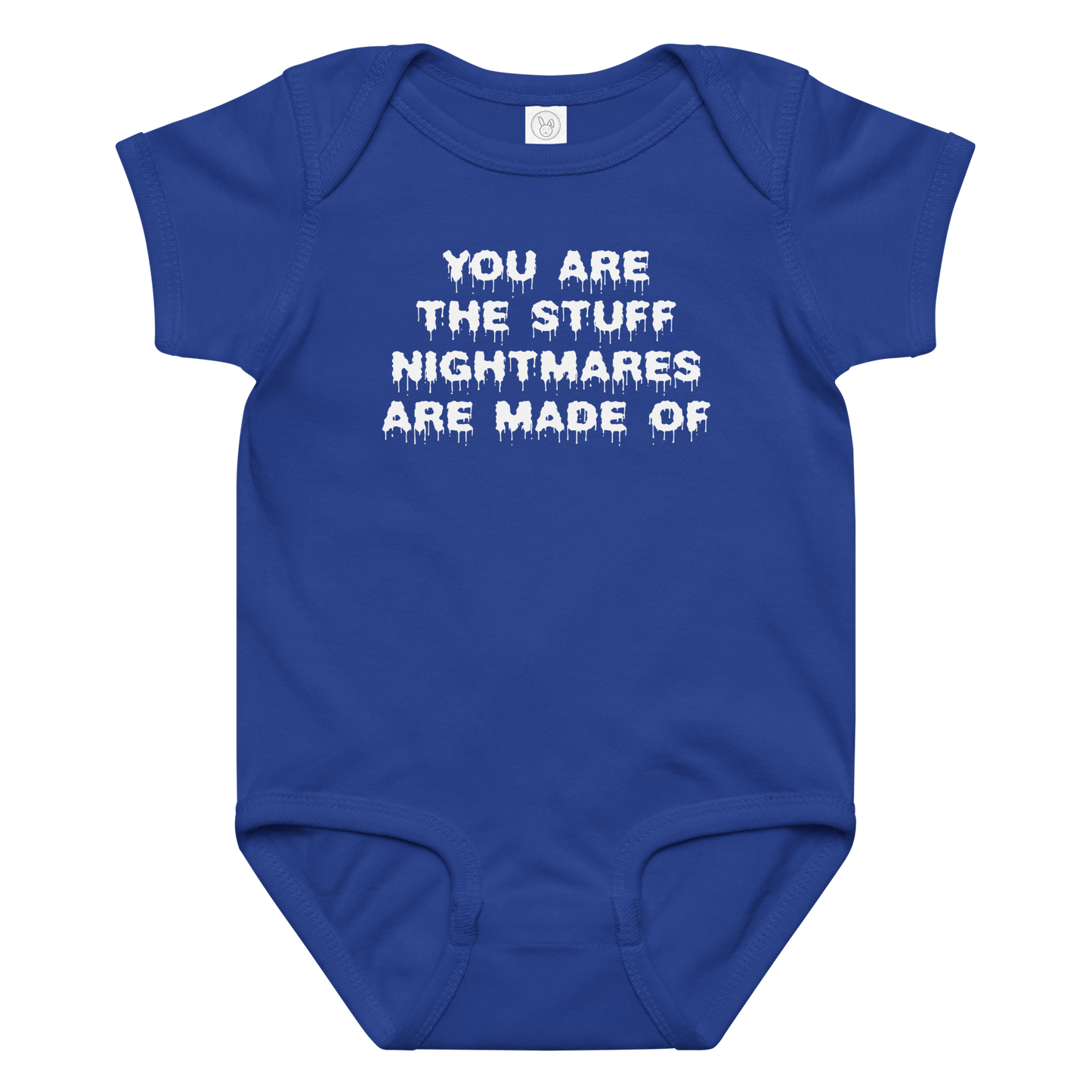 "You are the stuff nightmares are made of" printed on a royal baby jersey bodysuit laying on a flat surface amongst other clothes