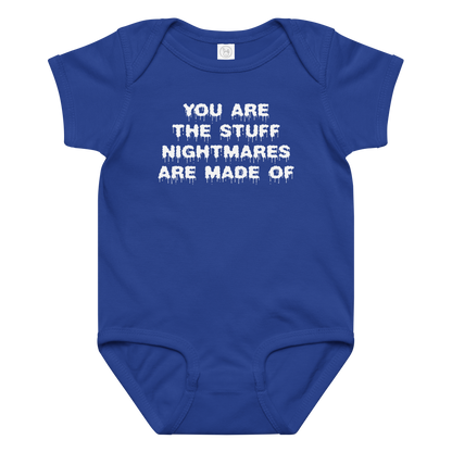 "You are the stuff nightmares are made of" printed on a royal baby jersey bodysuit laying on a flat surface amongst other clothes