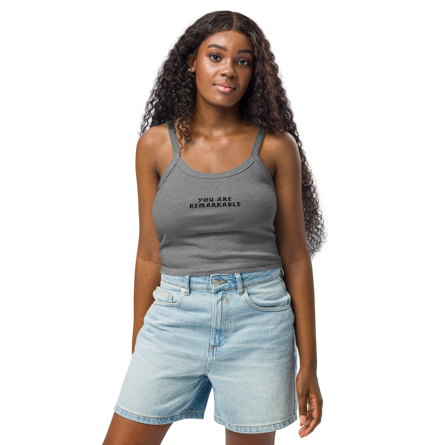 "You are remarkable" printed on a athletic heather women's micro-rib tanktop worn by a female