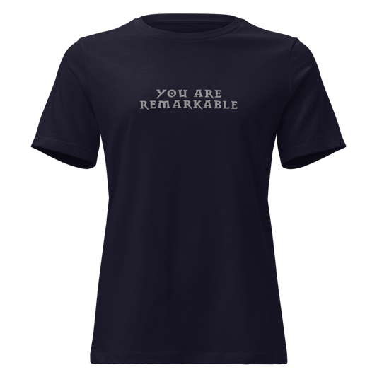 "You are remarkable" printed on a navy on an invisible / simulated body