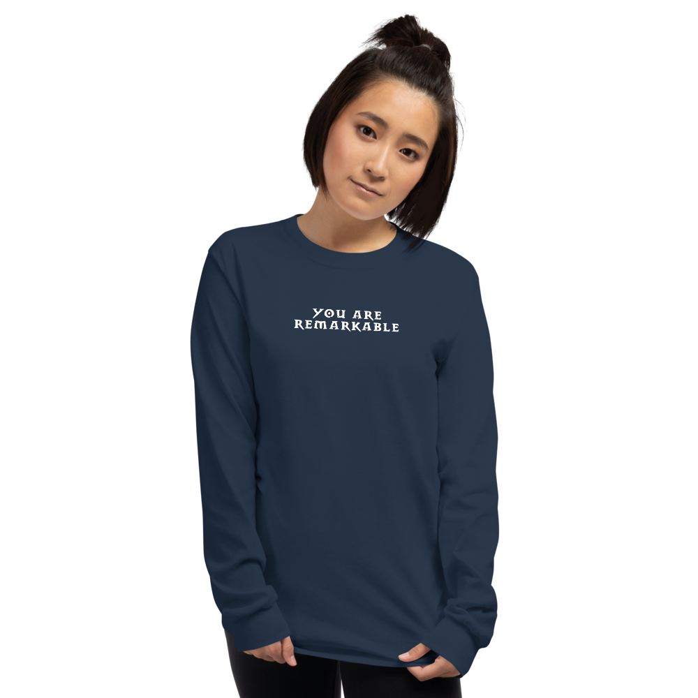 "You are remarkable" printed on a navy men's long sleeve shirt worn by a female