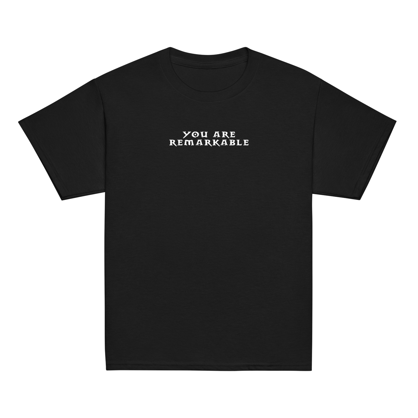 "You are remarkable" printed on a black youth classic tee laying on a flat surface