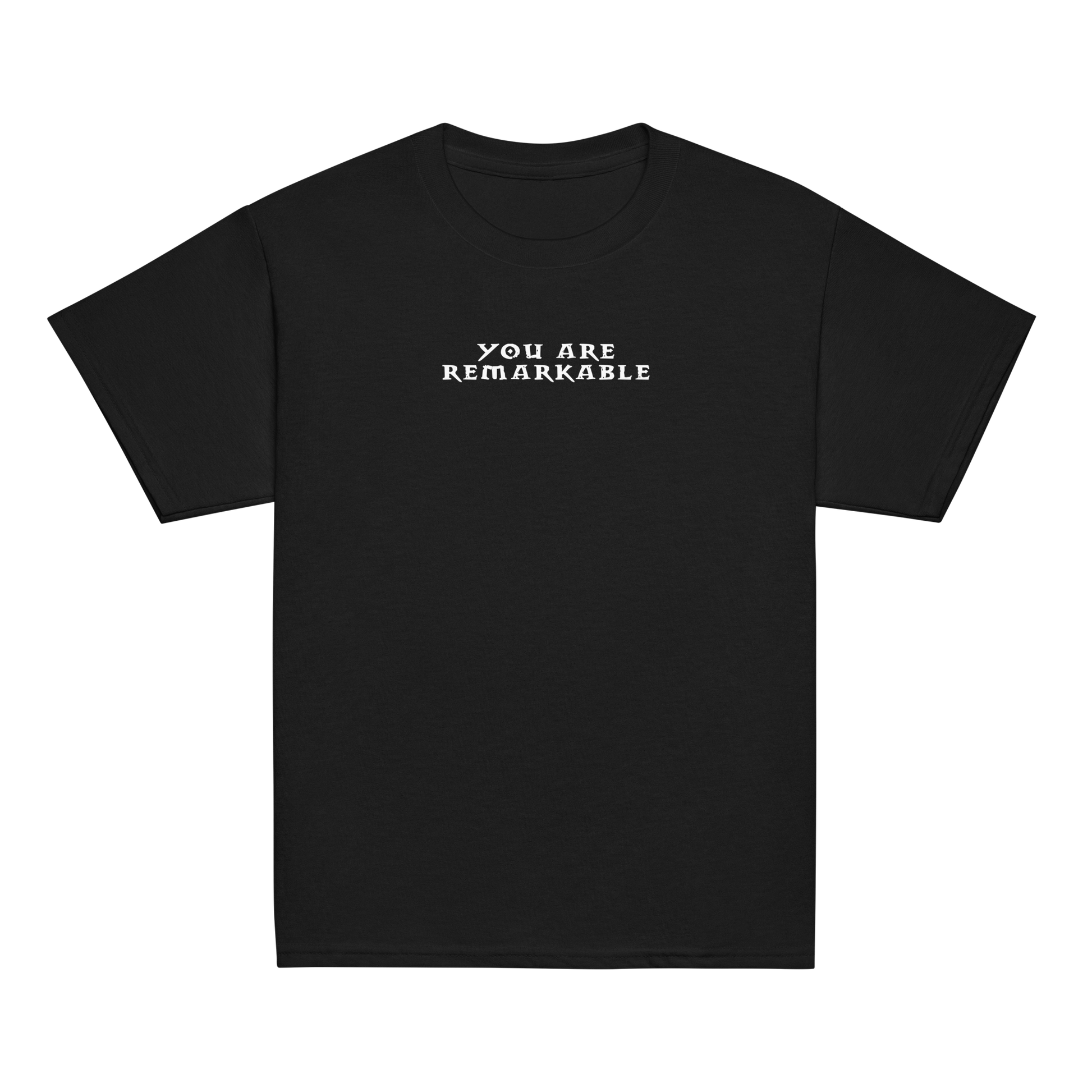 "You are remarkable" printed on a black youth classic tee laying on a flat surface