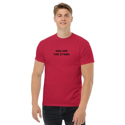 "You are the storm" printed on a cardinal unisex classic tee worn by a male