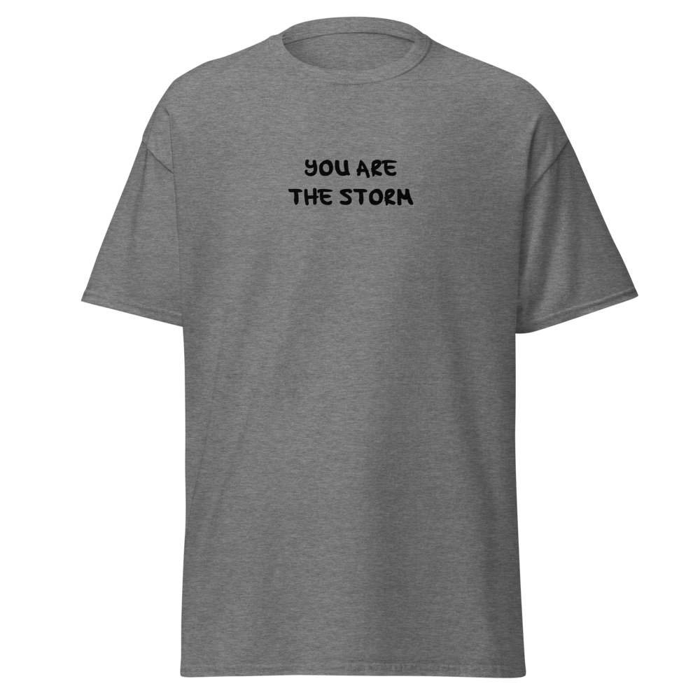 "You are the storm" printed on a graphite heather on an invisible body
