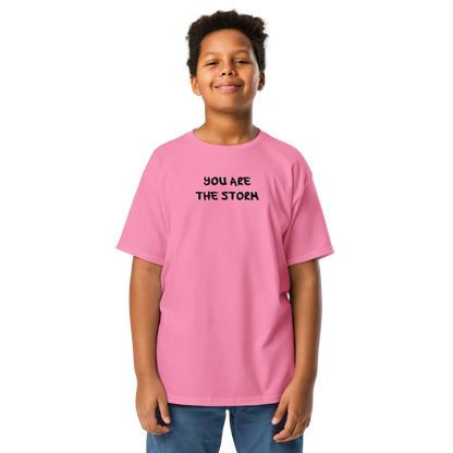 "You are the storm" printed on a azalea youth classic tee worn by a male
