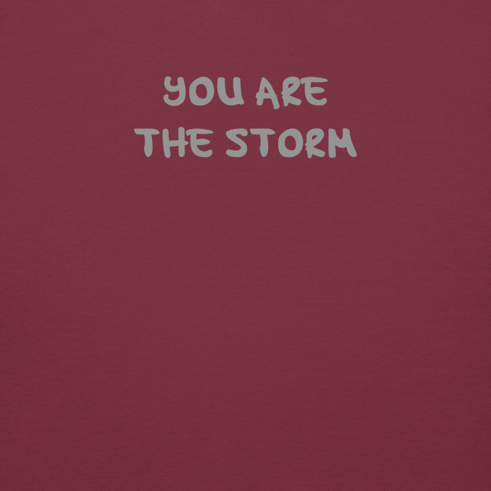 "You are the storm" printed on a maroon background