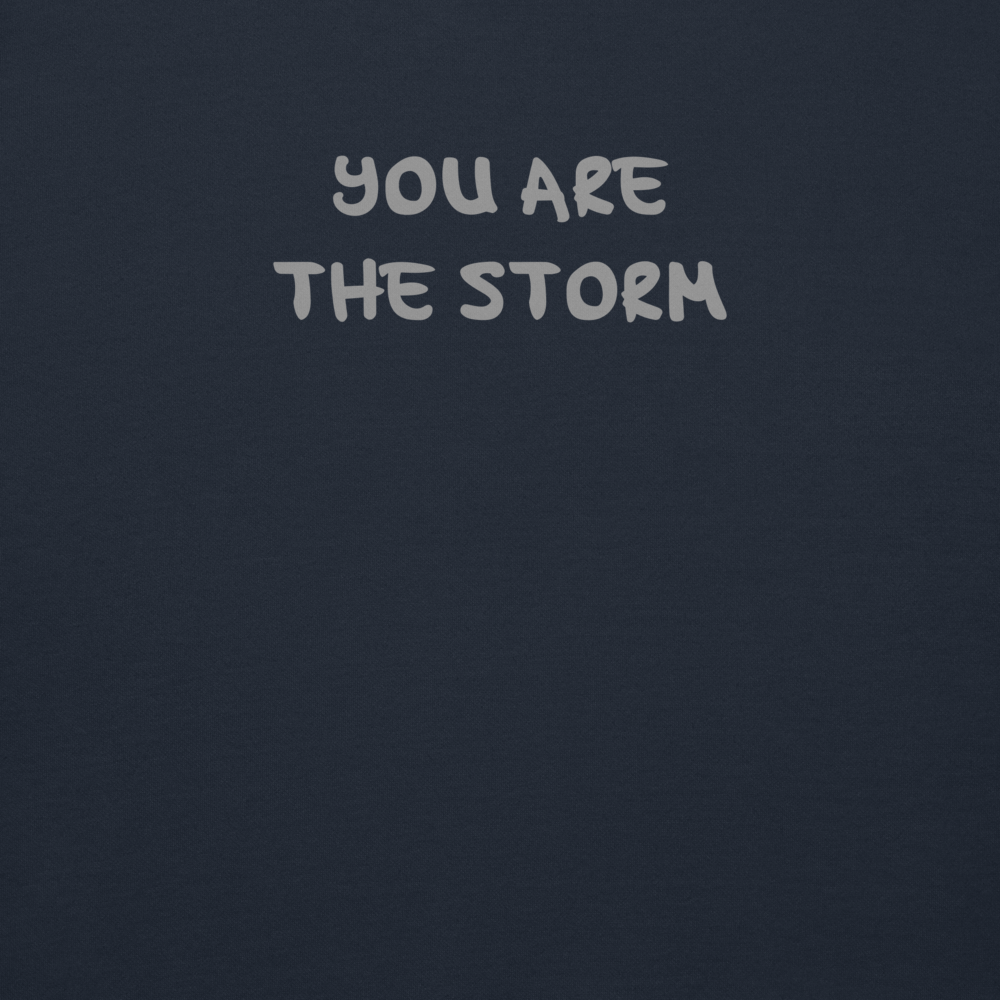 "You are the storm" printed on a navy blazer background