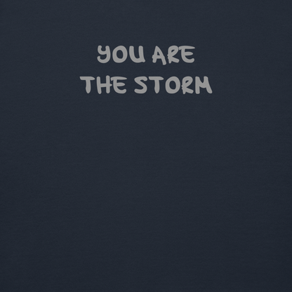 "You are the storm" printed on a navy blazer background
