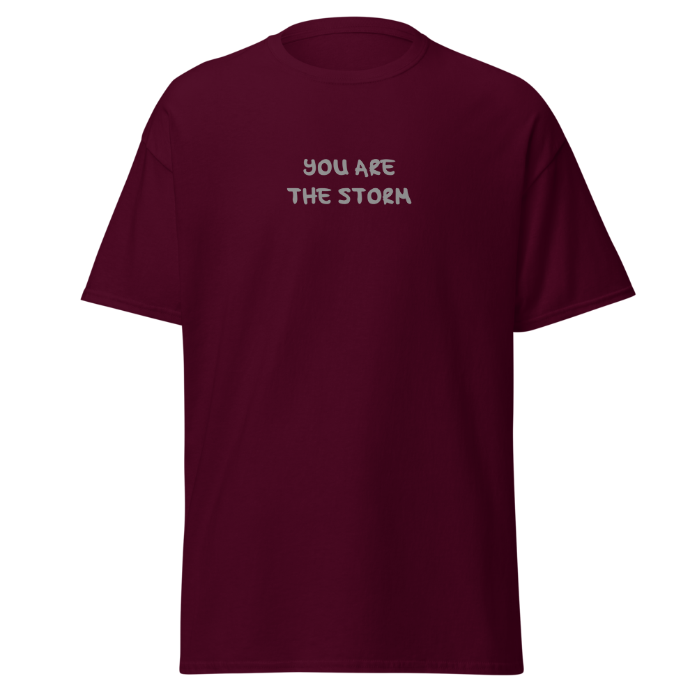 "You are the storm" printed on a maroon on an invisible body