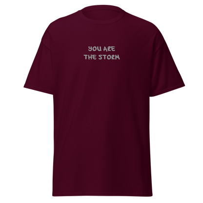 "You are the storm" printed on a maroon on an invisible body