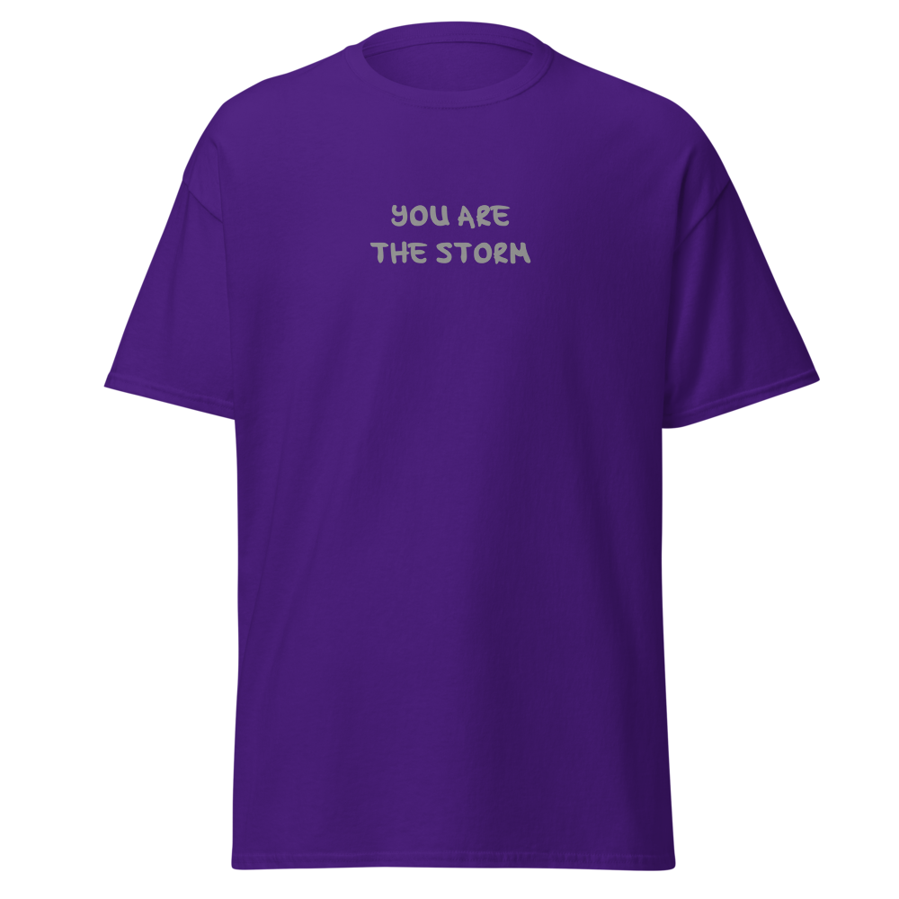 "You are the storm" printed on a purple on an invisible body
