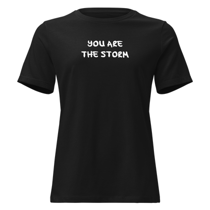 "You are the storm" printed on a black on an invisible / simulated body