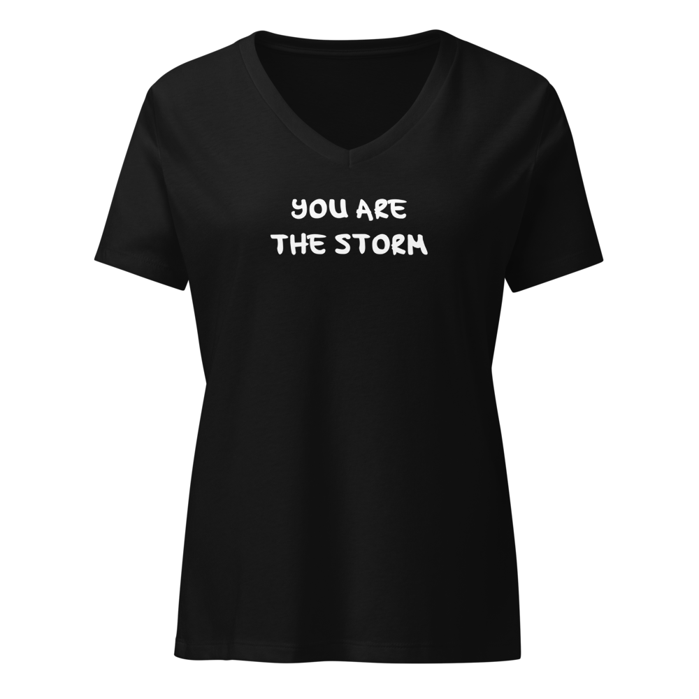 "You are the storm" printed on a solid black blend on an invisible / simulated body