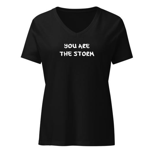 "You are the storm" printed on a solid black blend on an invisible / simulated body