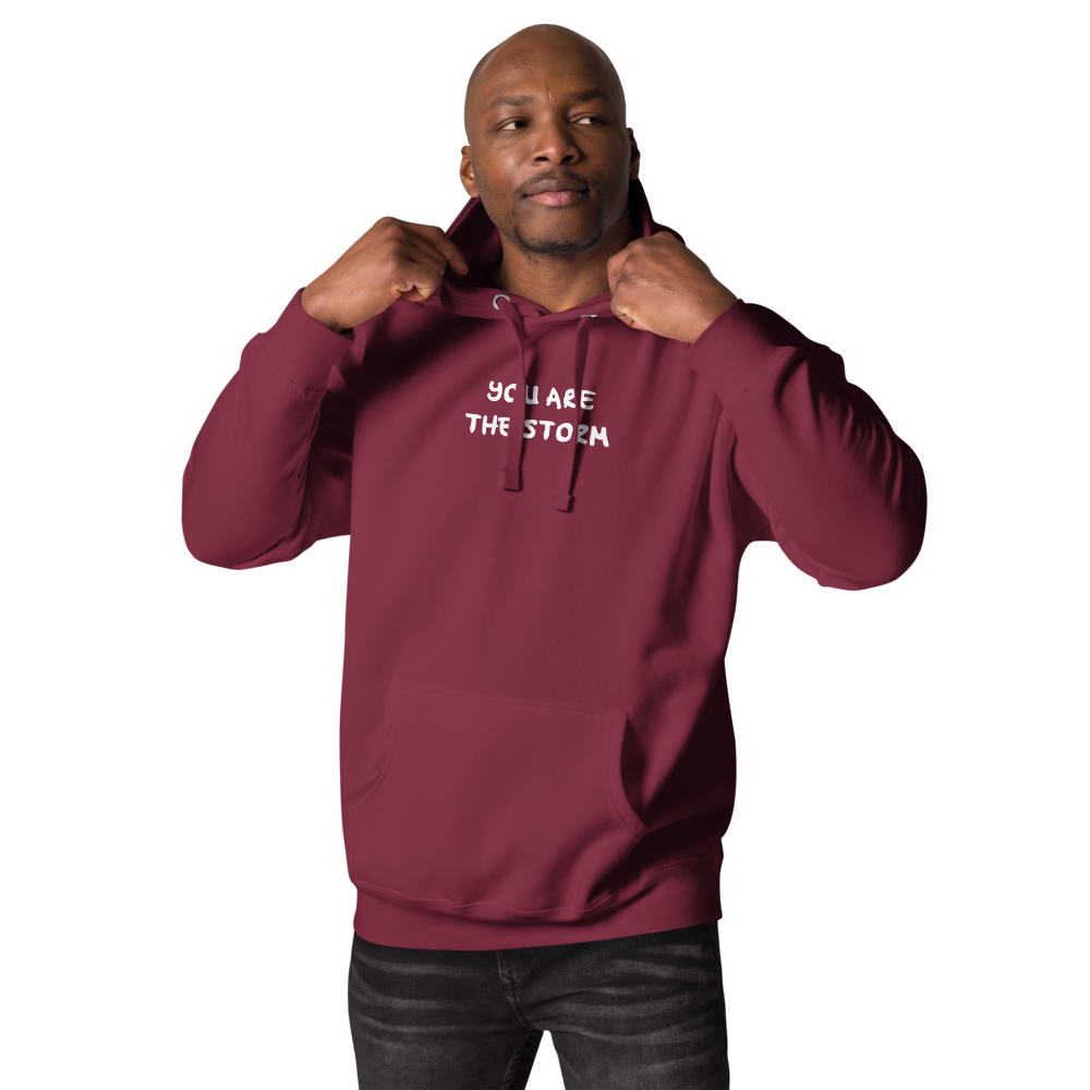 "You are the storm" printed on a maroon unisex hoodie worn by a male