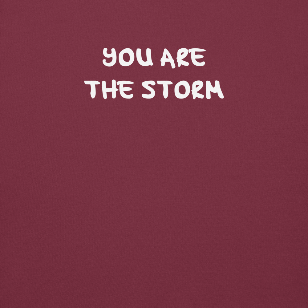 "You are the storm" printed on a maroon background