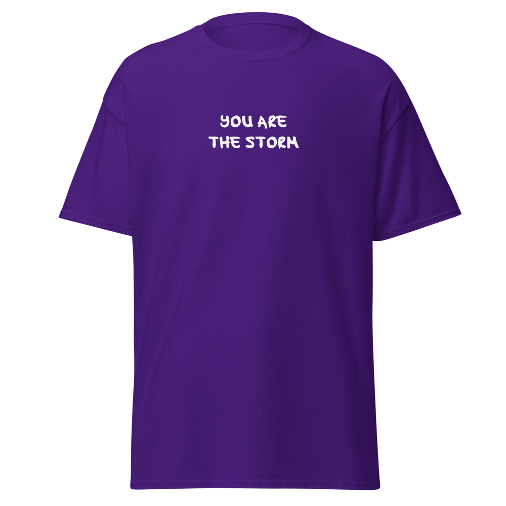 "You are the storm" printed on a purple on an invisible body
