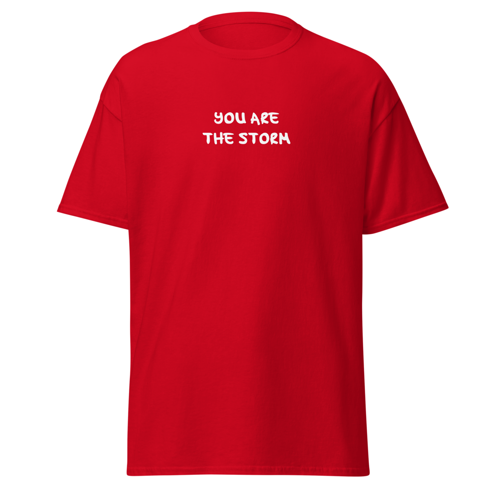 "You are the storm" printed on a red on an invisible body