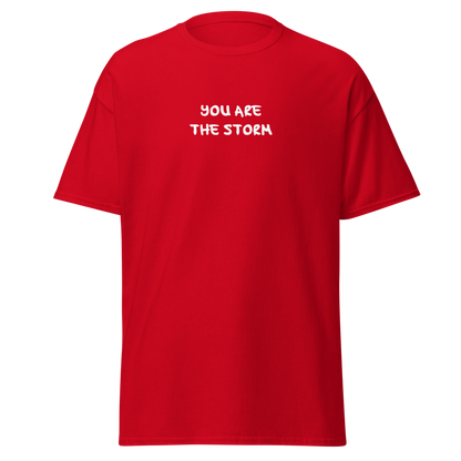 "You are the storm" printed on a red on an invisible body