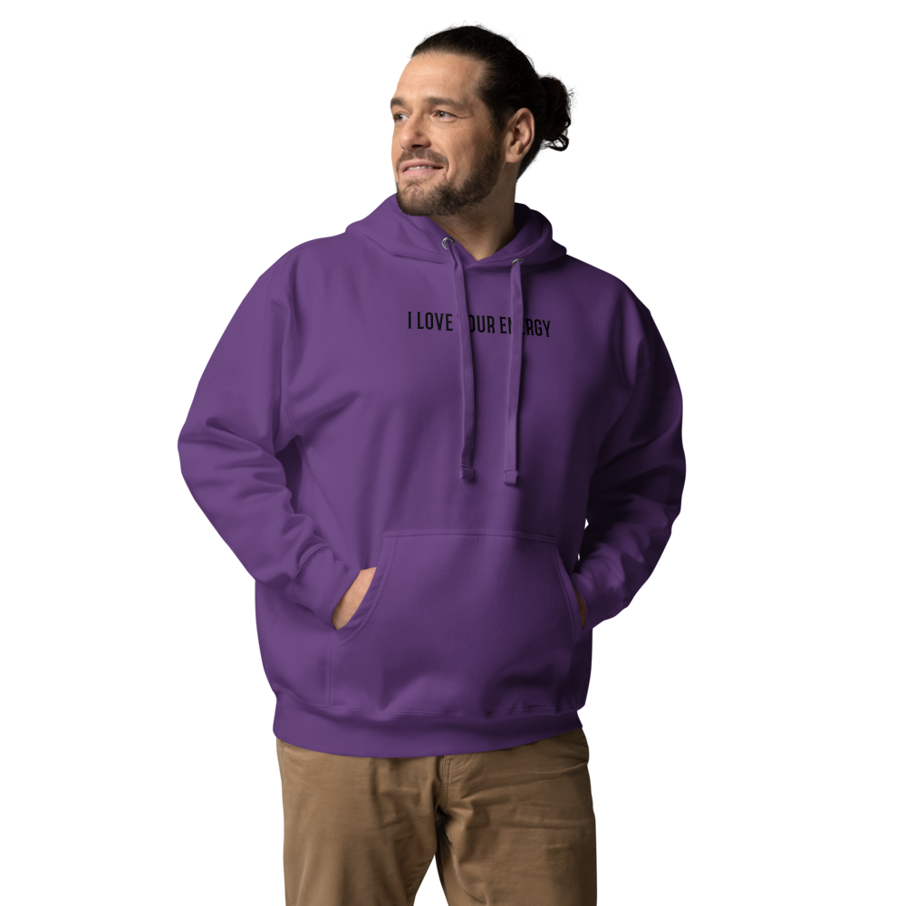 "I love your energy" printed on a purple unisex hoodie worn by a male