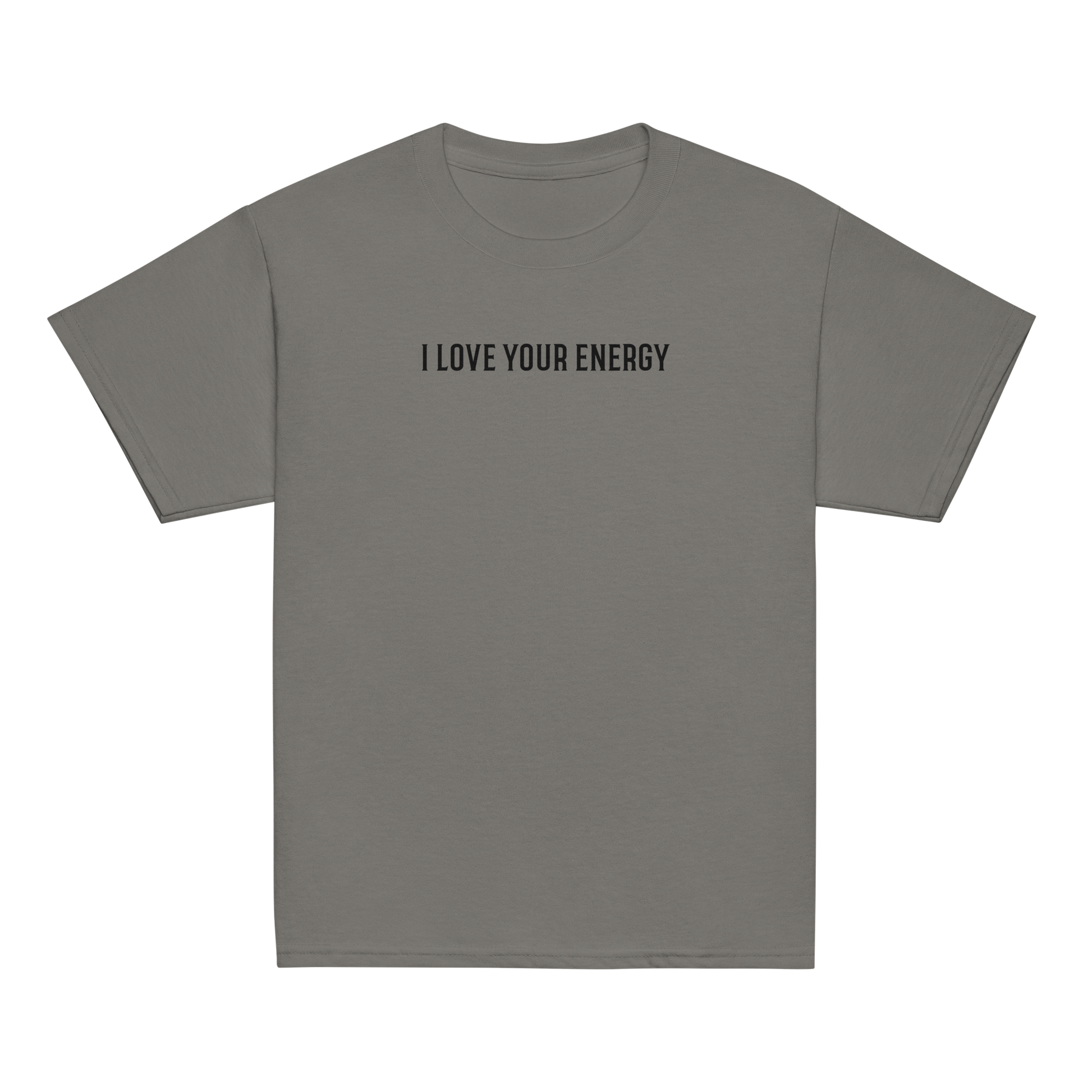 "I love your energy" printed on a charcoal youth classic tee laying on a flat surface