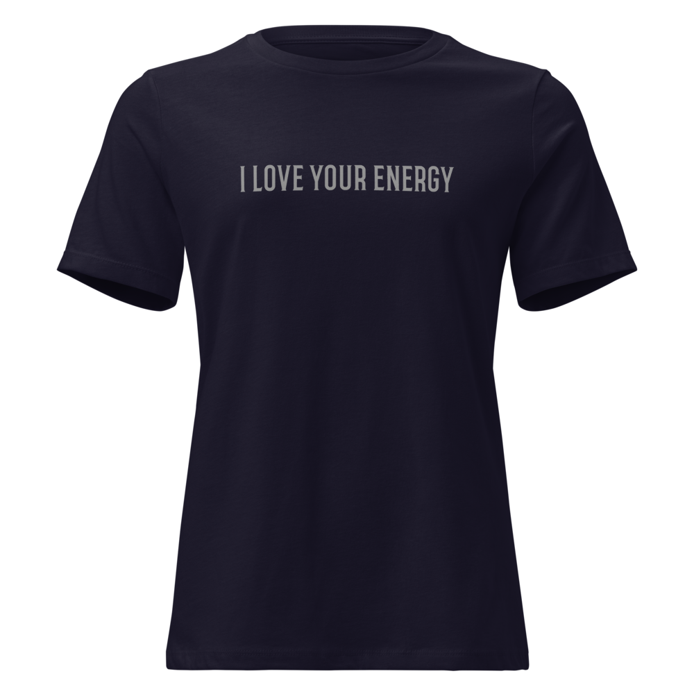 "I love your energy" printed on a navy on an invisible / simulated body