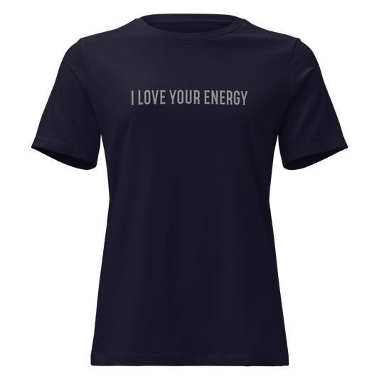 "I love your energy" printed on a navy on an invisible / simulated body