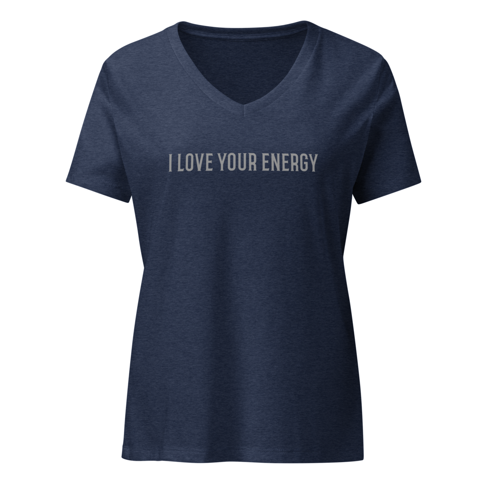 "I love your energy" printed on a heather navy on an invisible / simulated body