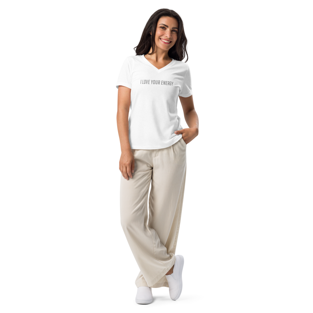 "I love your energy" printed on a solid white blend women's relaxed v-neck t-shirt worn by a female