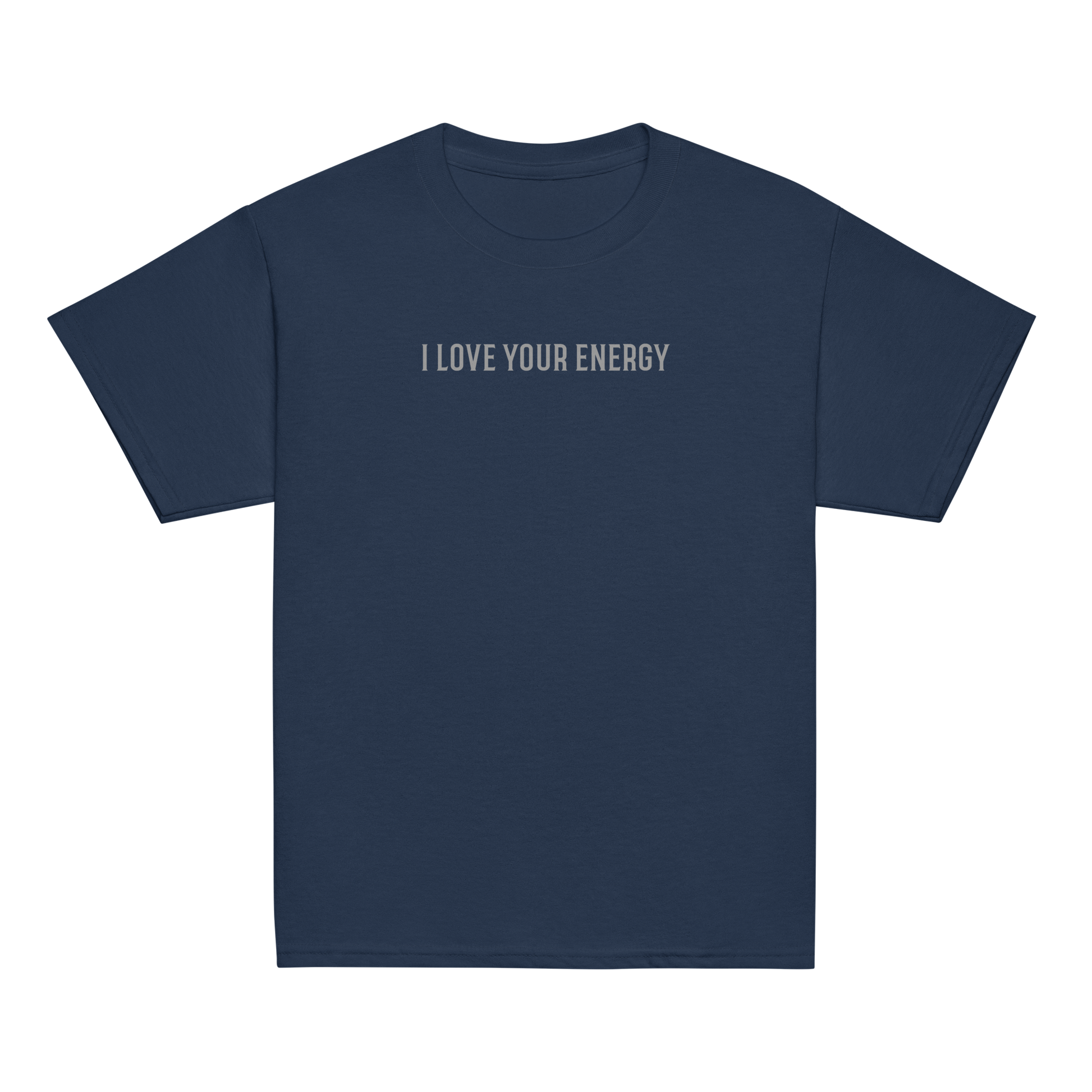 "I love your energy" printed on a navy youth classic tee laying on a flat surface