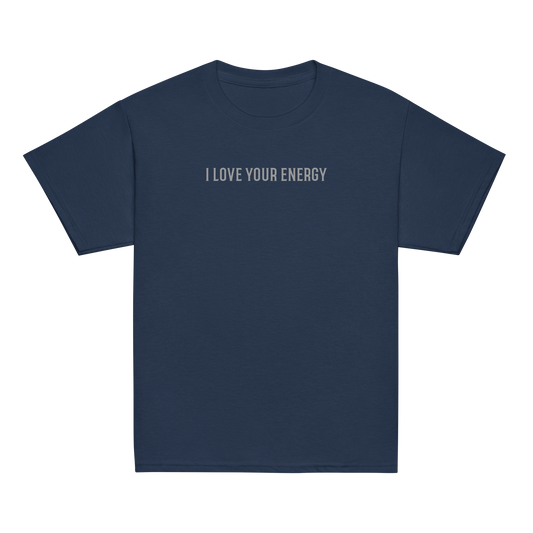 "I love your energy" printed on a navy youth classic tee laying on a flat surface