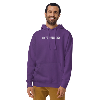 "I love your energy" printed on a purple warn by a male
