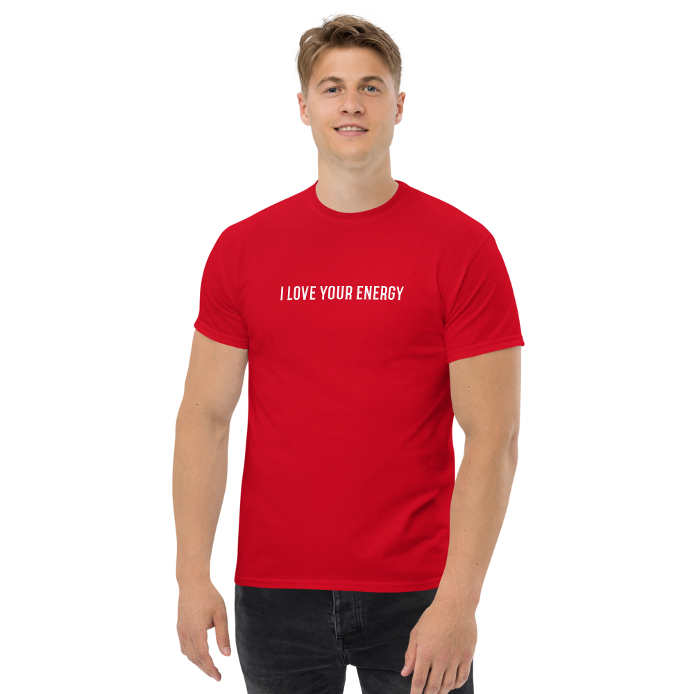 "I love your energy" printed on a red unisex classic tee worn by a male
