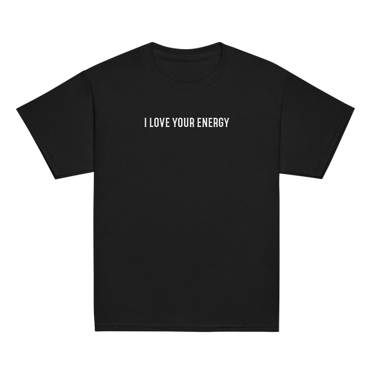 "I love your energy" printed on a black youth classic tee laying on a flat surface