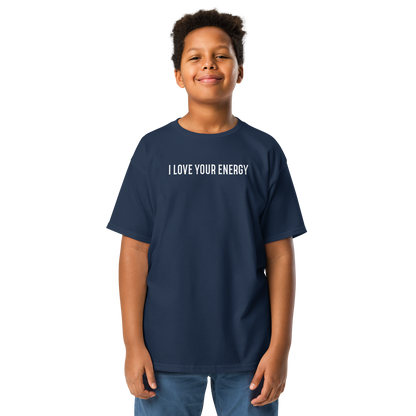 "I love your energy" printed on a navy youth classic tee worn by a male