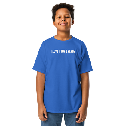 "I love your energy" printed on a royal youth classic tee worn by a male